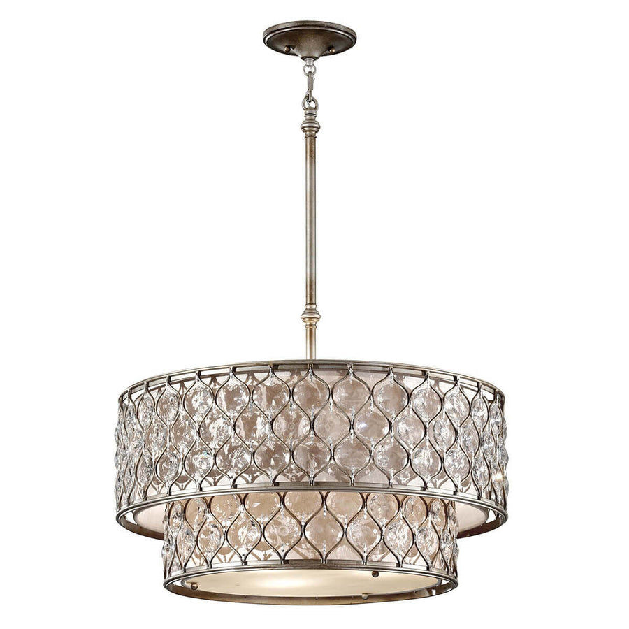 Lustre suspendu vu de face, double jupe cylindrique en cristal et métal argenté
