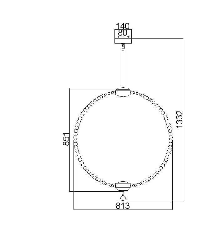 Schéma technique côté de la suspension : hauteur 1332 mm, diamètre 813 mm, fixation 140 mm