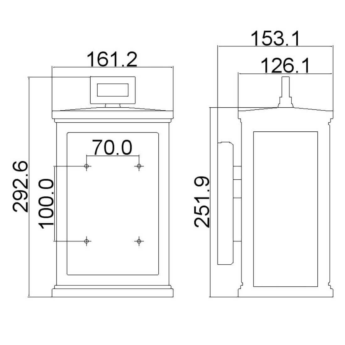 Schéma technique coté de l'applique avec dimensions en millimètres de face et de profil.