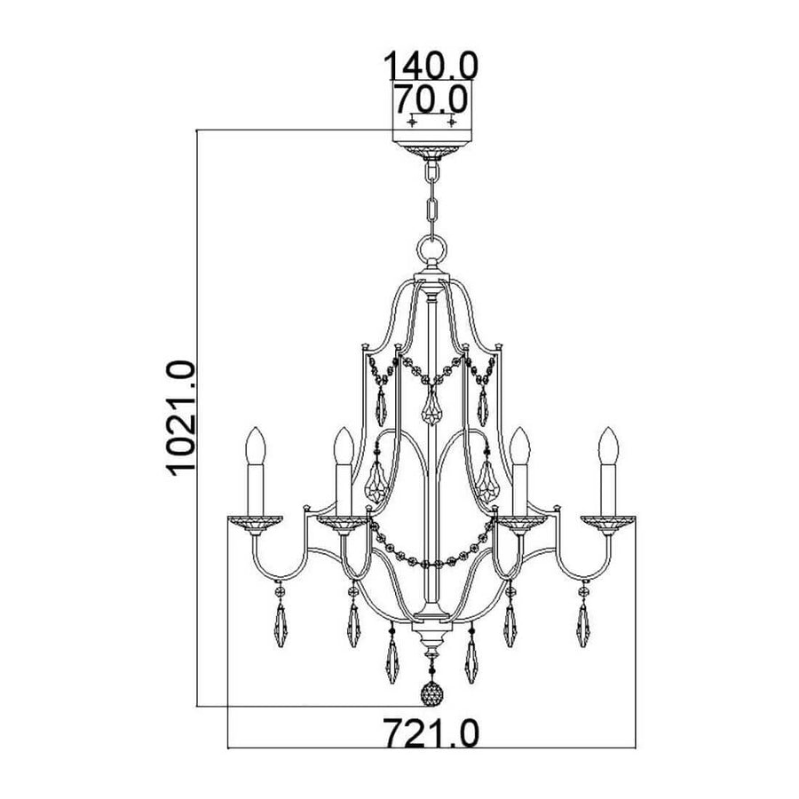 Schéma technique coté du lustre : hauteur 1021 mm, largeur 721 mm, chaîne 140 mm