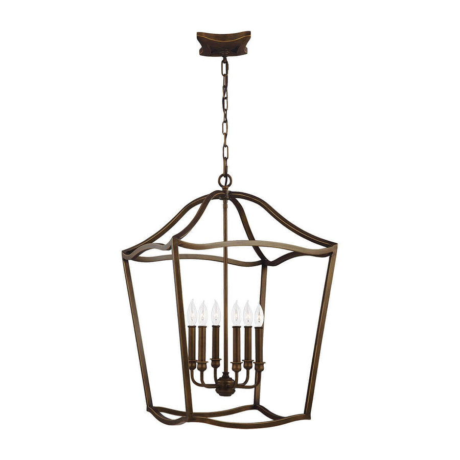 Vue de face du luminaire suspendu en cage avec six ampoules bougies sur fond blanc.