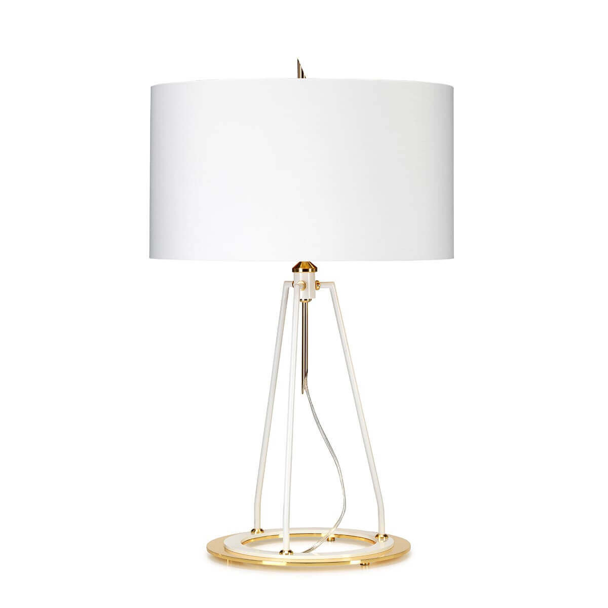 Vue d'ensemble du luminaire sur fond blanc, base annulaire dorée et tiges blanches