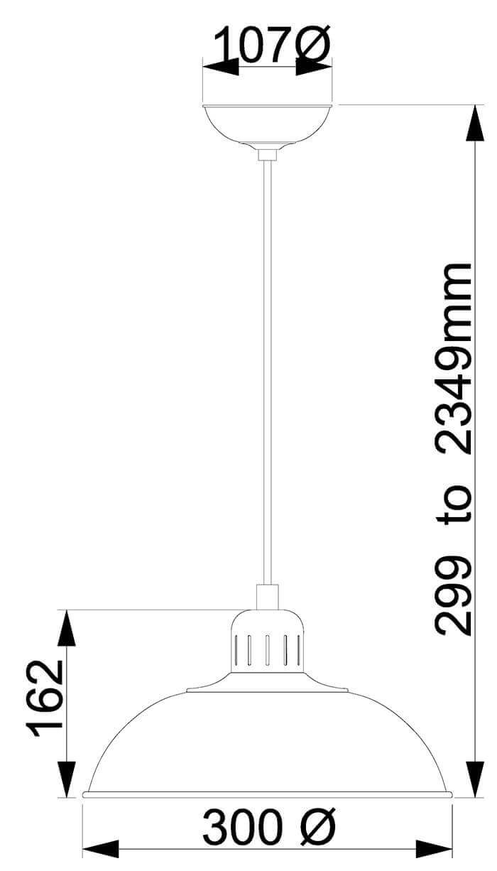 Schéma coté de la suspension avec diamètres et hauteur de 299 à 2349 mm.