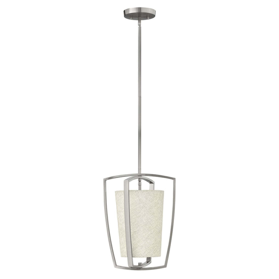 Suspension vue de face sur fond blanc, cadre métallique et abat-jour en tissu