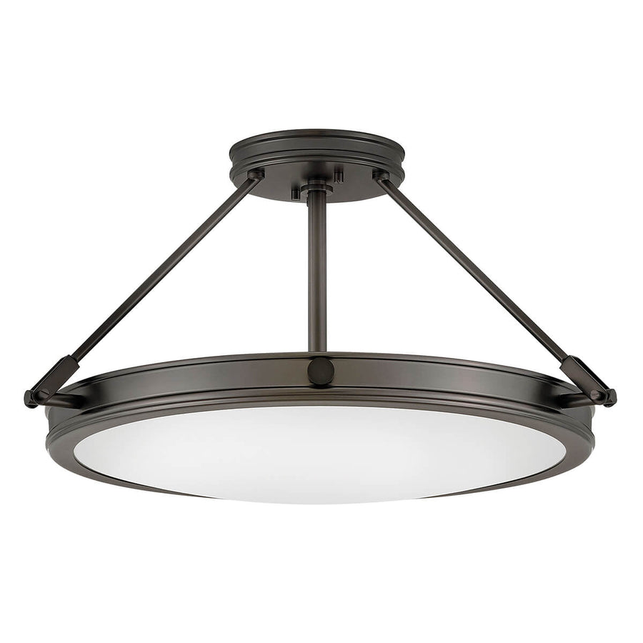 Plafonnier circulaire noir et verre blanc vu de face sur fond neutre.