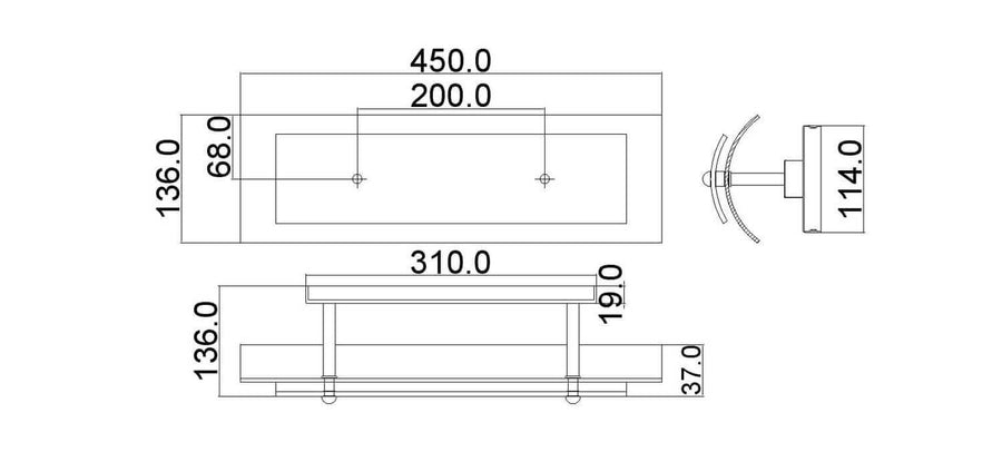 Schéma de dimensions cotées : 450 mm de large, 136 mm de haut, vue de profil