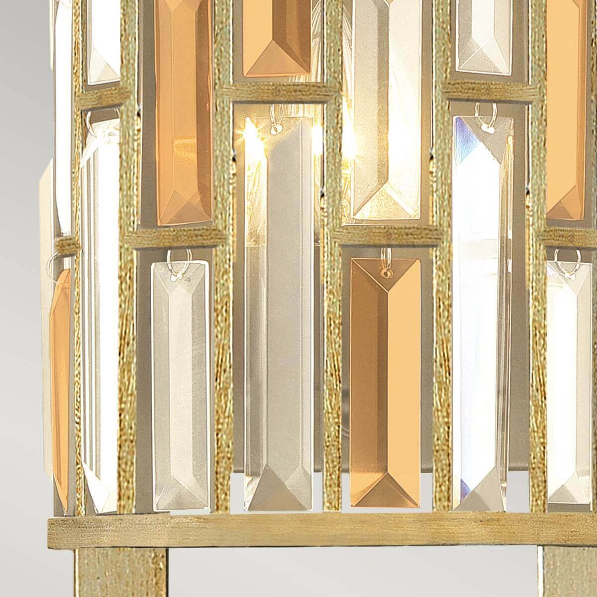 Détail des prismes de cristal éclairés par les deux ampoules de l'applique