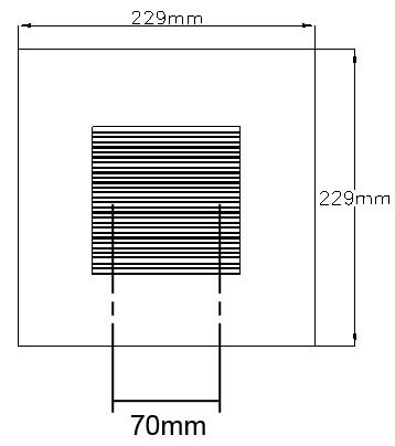 Schéma technique indiquant les dimensions 229 mm par 229 mm et un entraxe de 70 mm.