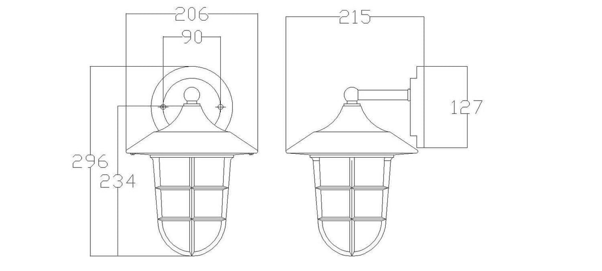 Schéma de dimensions cotées de l'applique, vues de face et de profil