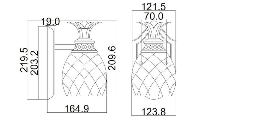 Schéma technique coté présentant les dimensions en millimètres de l'applique murale
