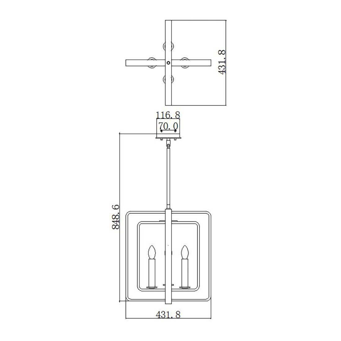 Schéma technique coté du luminaire avec hauteur totale 848,6 mm et largeur 431,8 mm