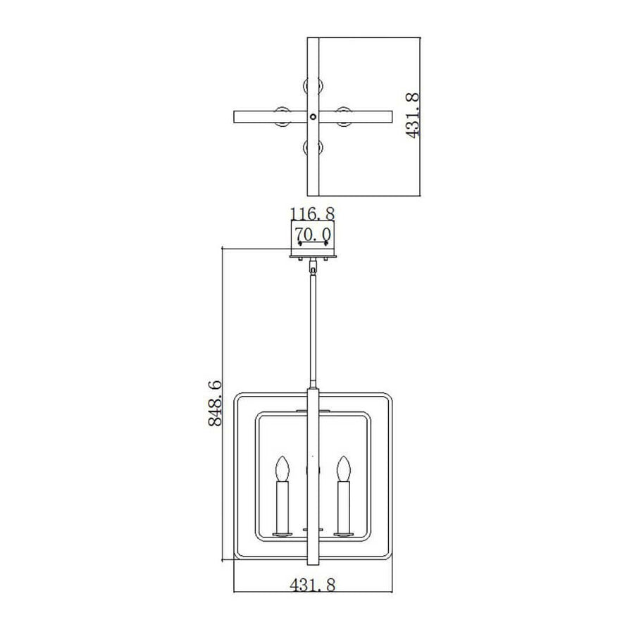 Schéma technique coté du luminaire avec hauteur totale 848,6 mm et largeur 431,8 mm