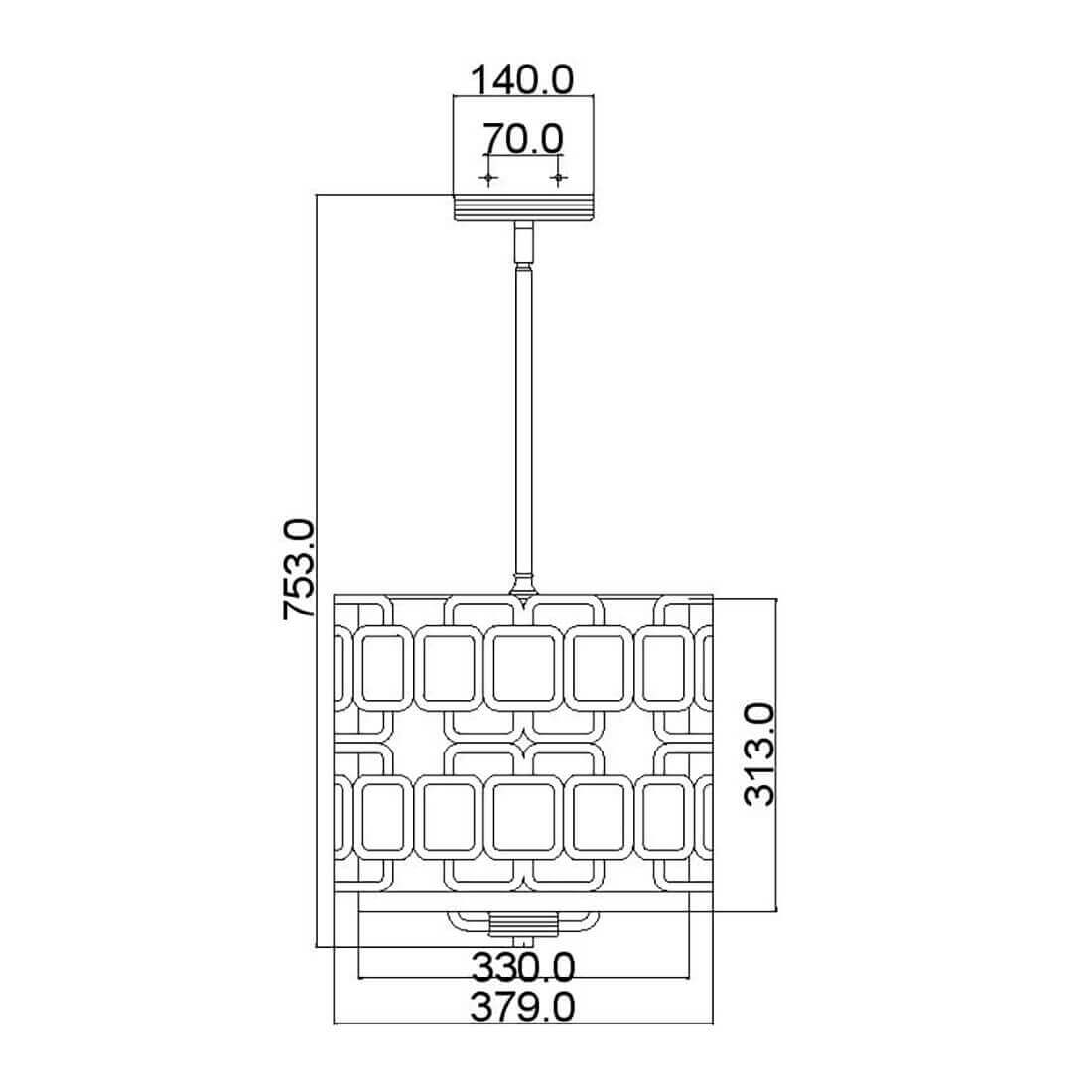 Schéma coté du luminaire : hauteur totale 753 mm, diamètre 379 mm