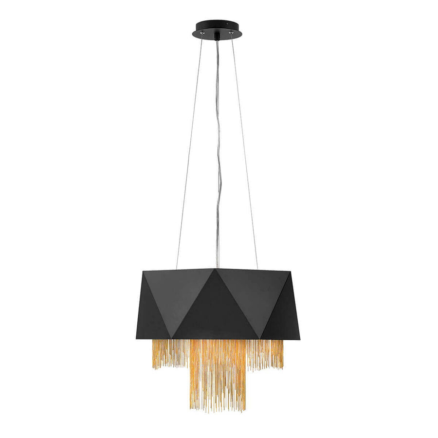 Suspension noire géométrique avec franges dorées, vue de face sur fond blanc