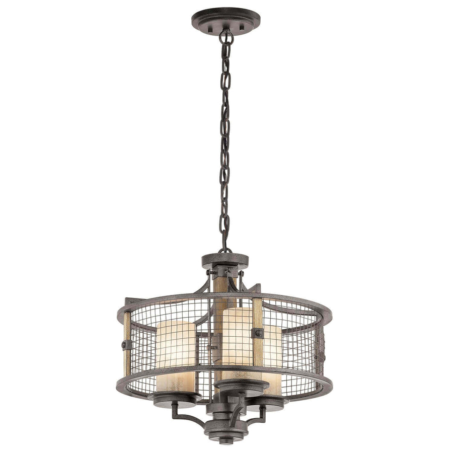 Lustre suspendu trois lumières, cage métallique grillagée, abat-jours cylindriques en verre crème et bois