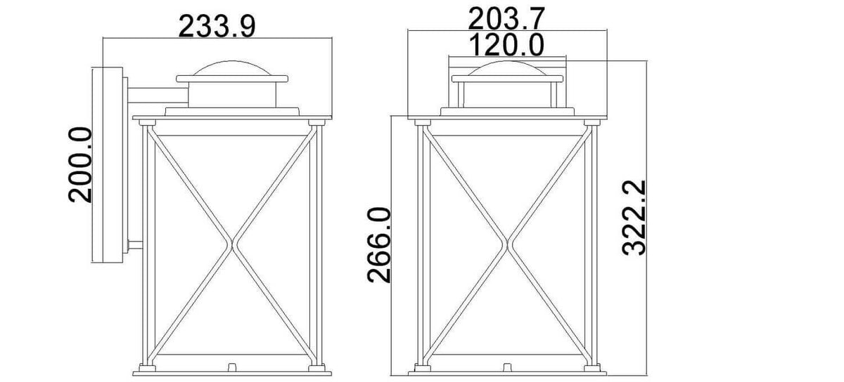 Schéma technique coté de l'applique, dimensions en millimètres de face et de profil.