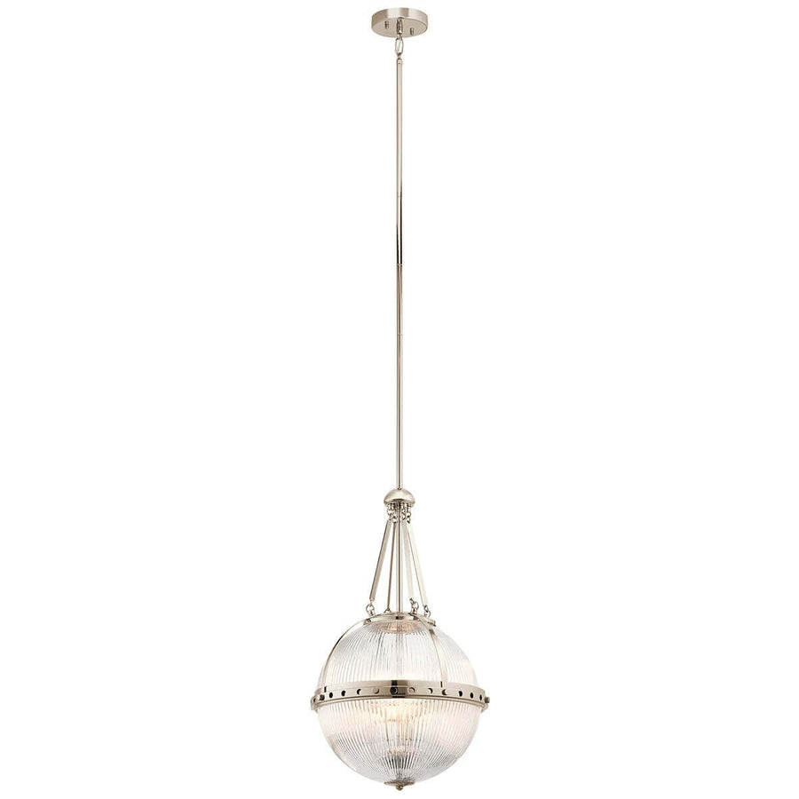 Suspension nickel poli avec globe en verre strié sur tige verticale, vue de face