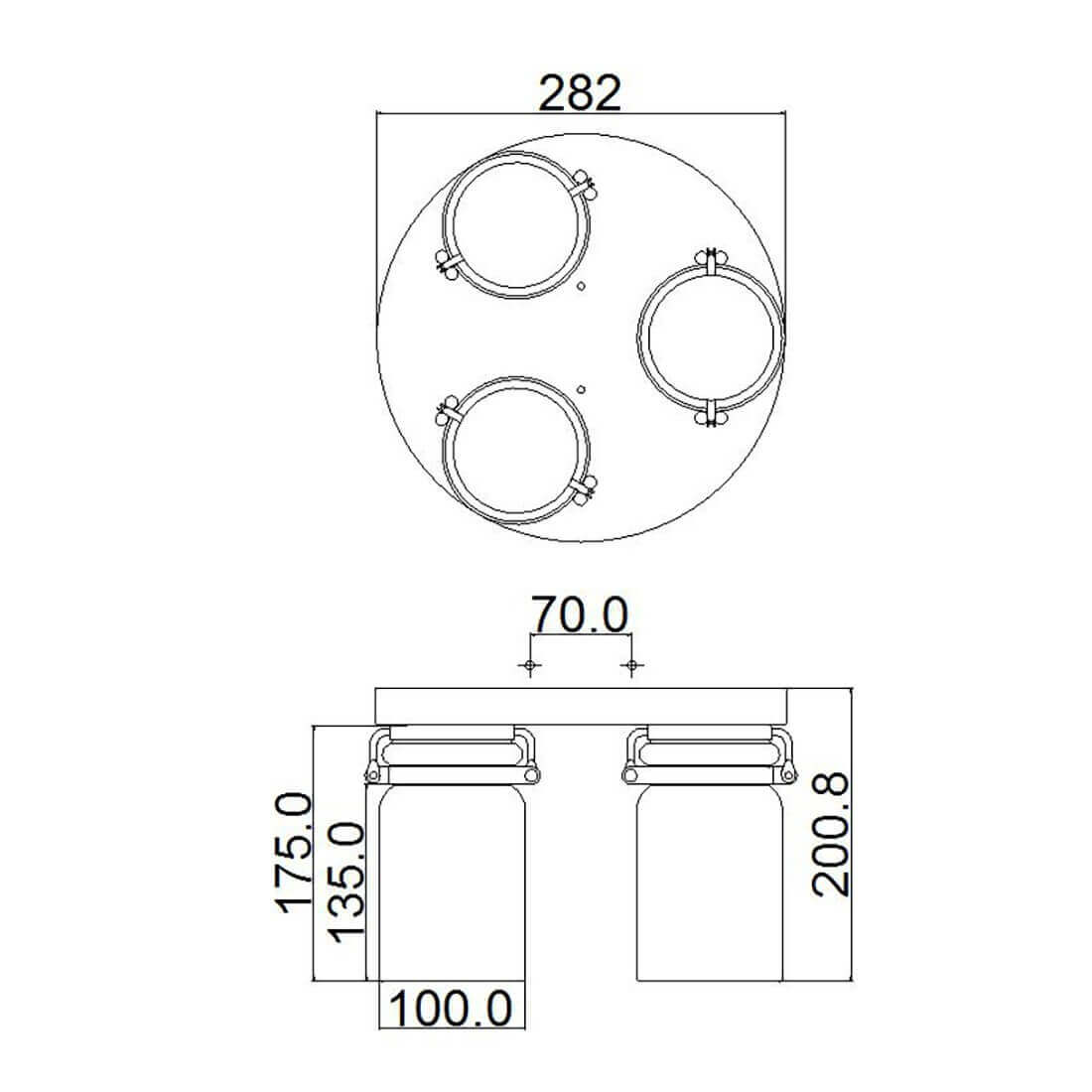 Schéma coté du plafonnier avec dimensions du plateau et des verres