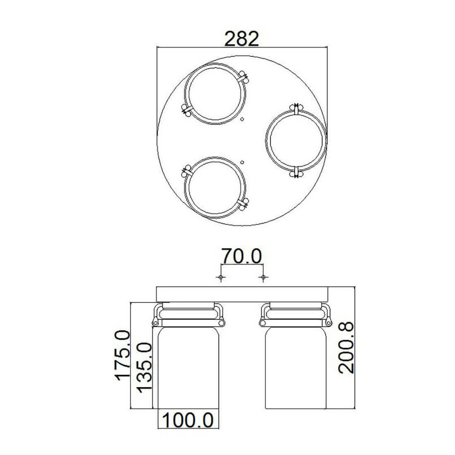 Schéma coté du plafonnier avec dimensions du plateau et des verres