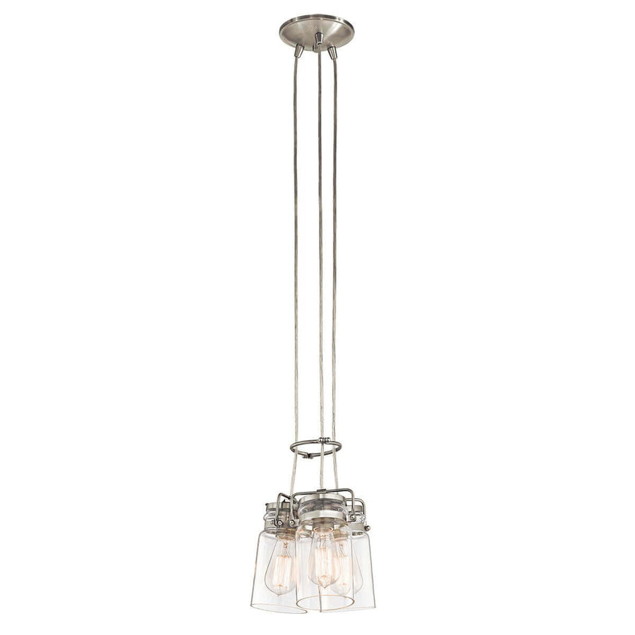 Vue de face du luminaire avec cordons et anneau métallique maintenant les verres.