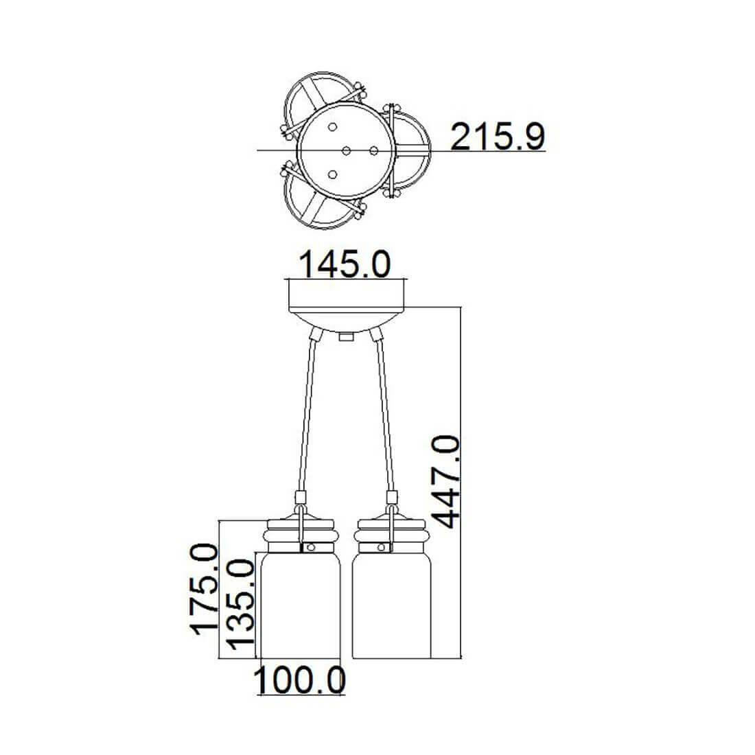 Schéma technique coté présentant les dimensions de la suspension et des verres.