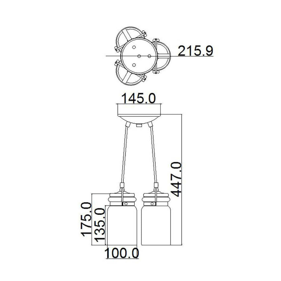 Schéma de dimensions de la suspension avec hauteur totale et diamètre des diffuseurs.