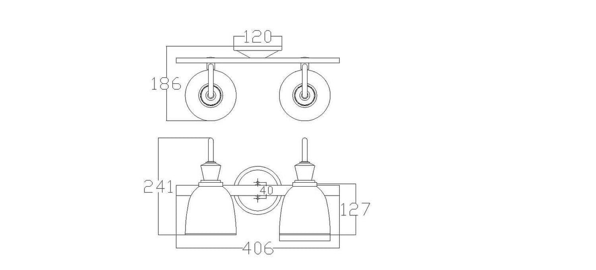 Schéma technique coté de l'applique avec dimensions en millimètres, vue de dessus et de face.