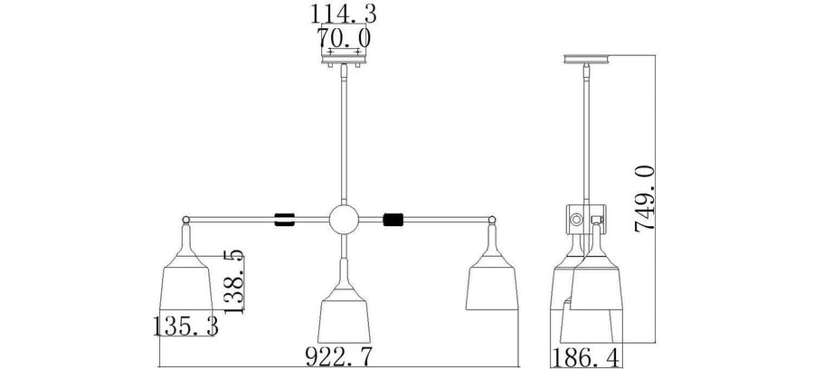 Schéma technique coté : hauteur totale 749 mm et largeur 922 mm