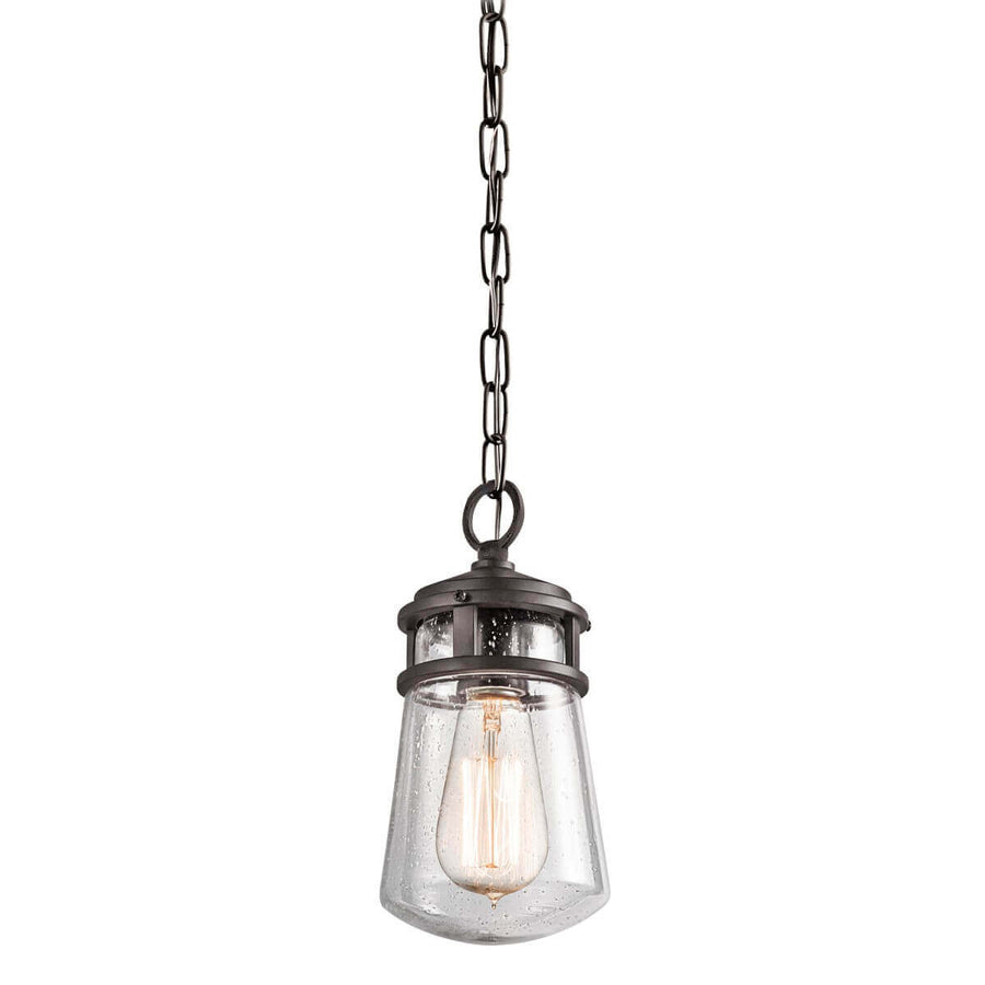 Suspension sur fond blanc avec chaîne métallique et verre moucheté transparent.
