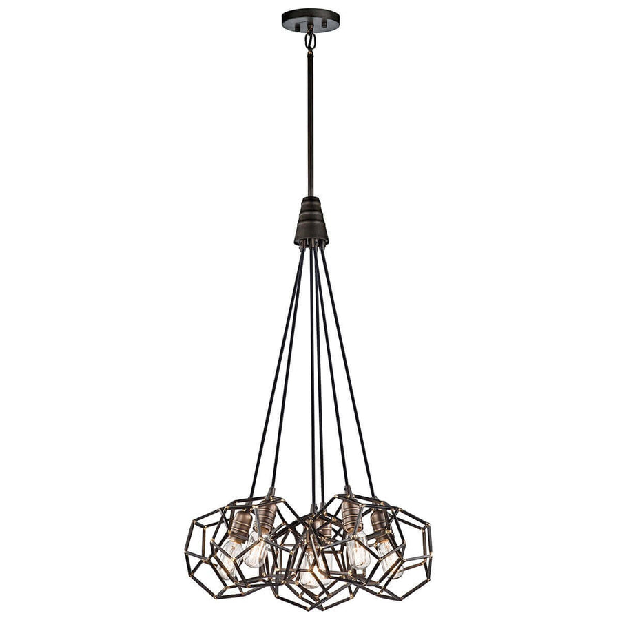 Lustre suspendu à six cages géométriques en métal noir et ampoules apparentes