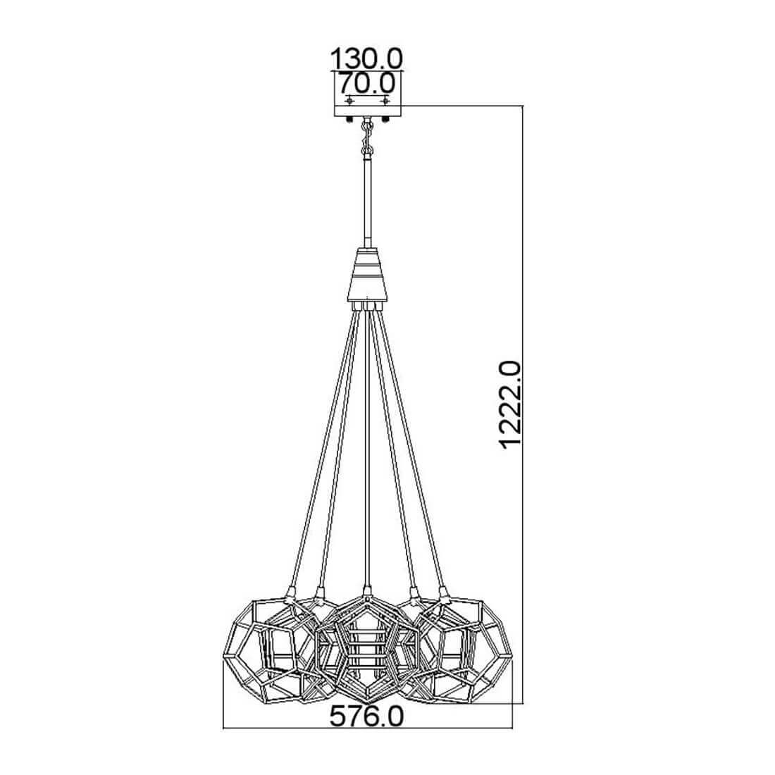 Schéma technique coté du luminaire avec hauteur et largeur en millimètres