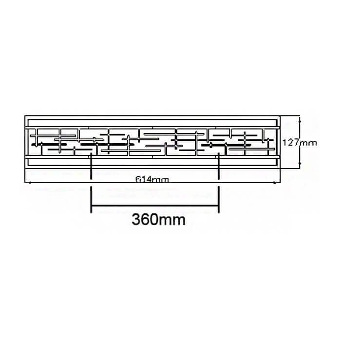 Schéma de dimensions cotées : longueur 614 mm, hauteur 127 mm, entraxe de fixation 360 mm