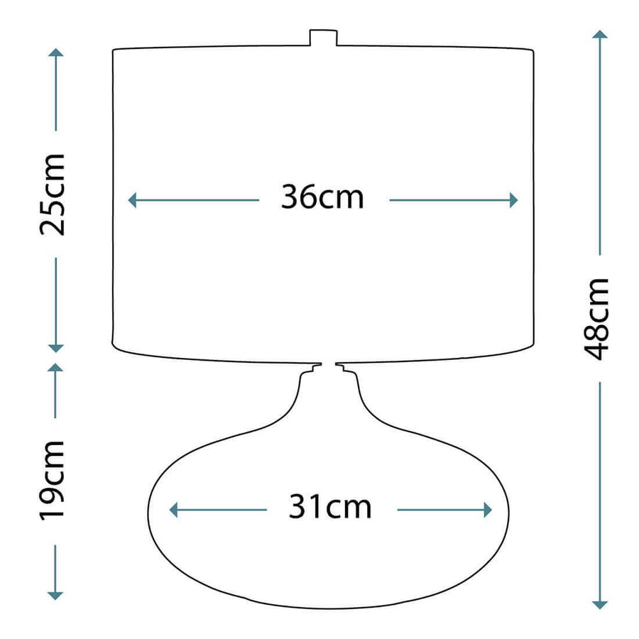Schéma coté indiquant 48 cm de hauteur, 36 cm d'abat-jour et 31 cm de base