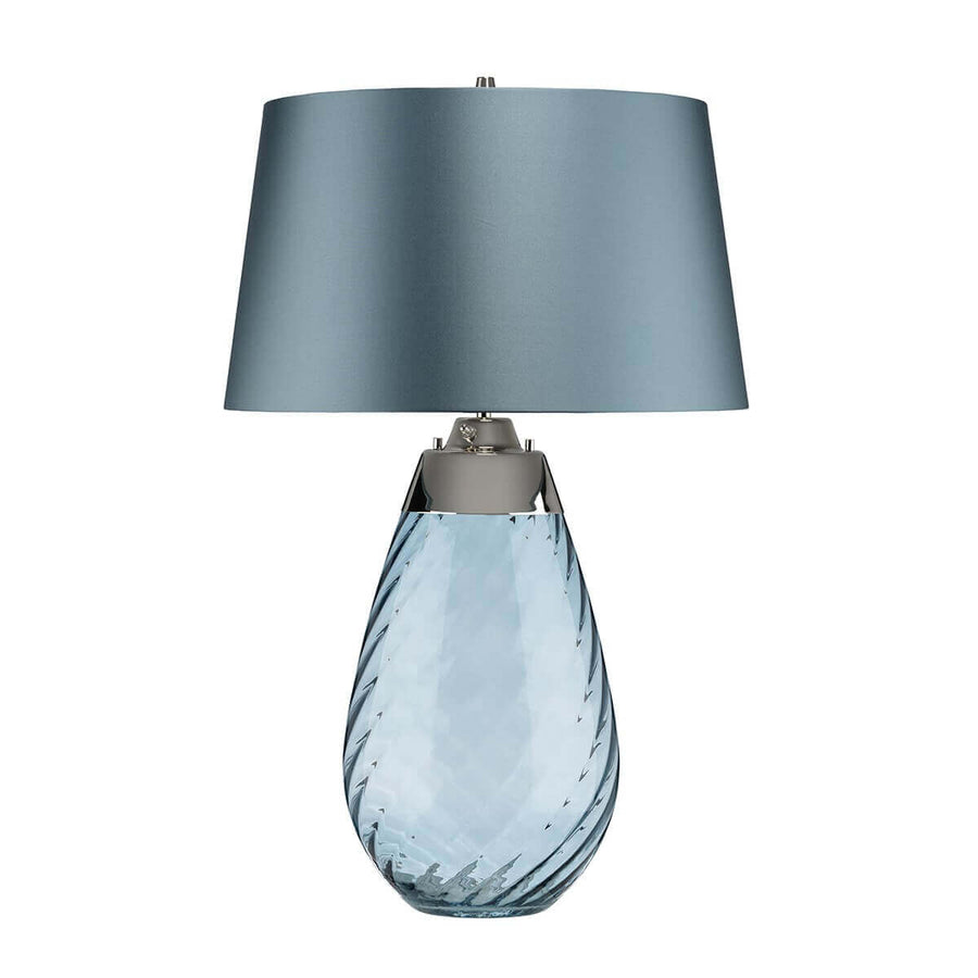 Détail du verre bleu translucide et de la monture argentée brossée