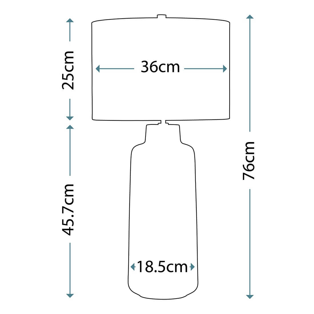 Schéma coté : 76 cm de hauteur, abat-jour de 36 cm