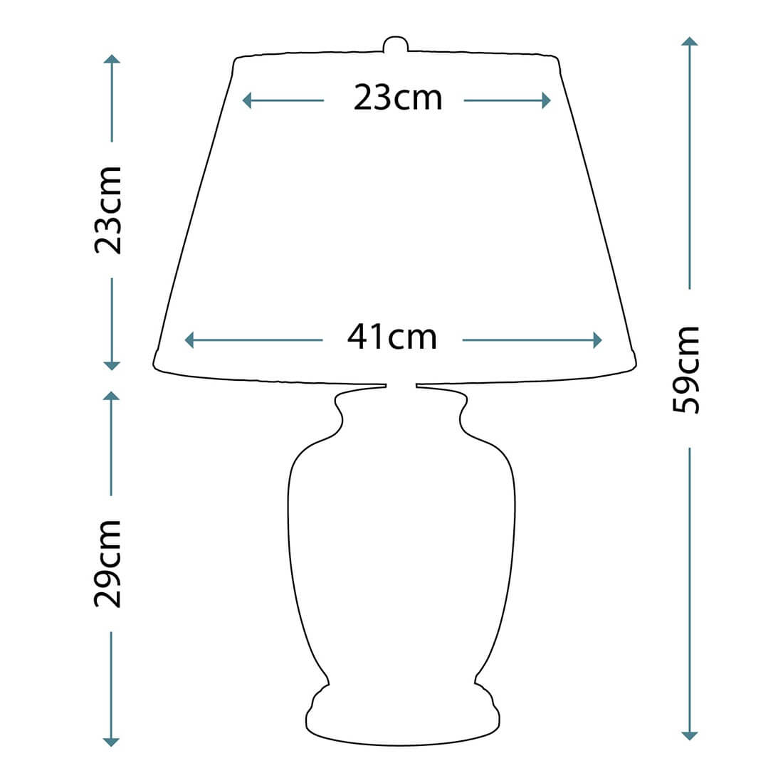 Schéma coté de la lampe indiquant hauteur totale 59 cm et dimensions de l'abat-jour