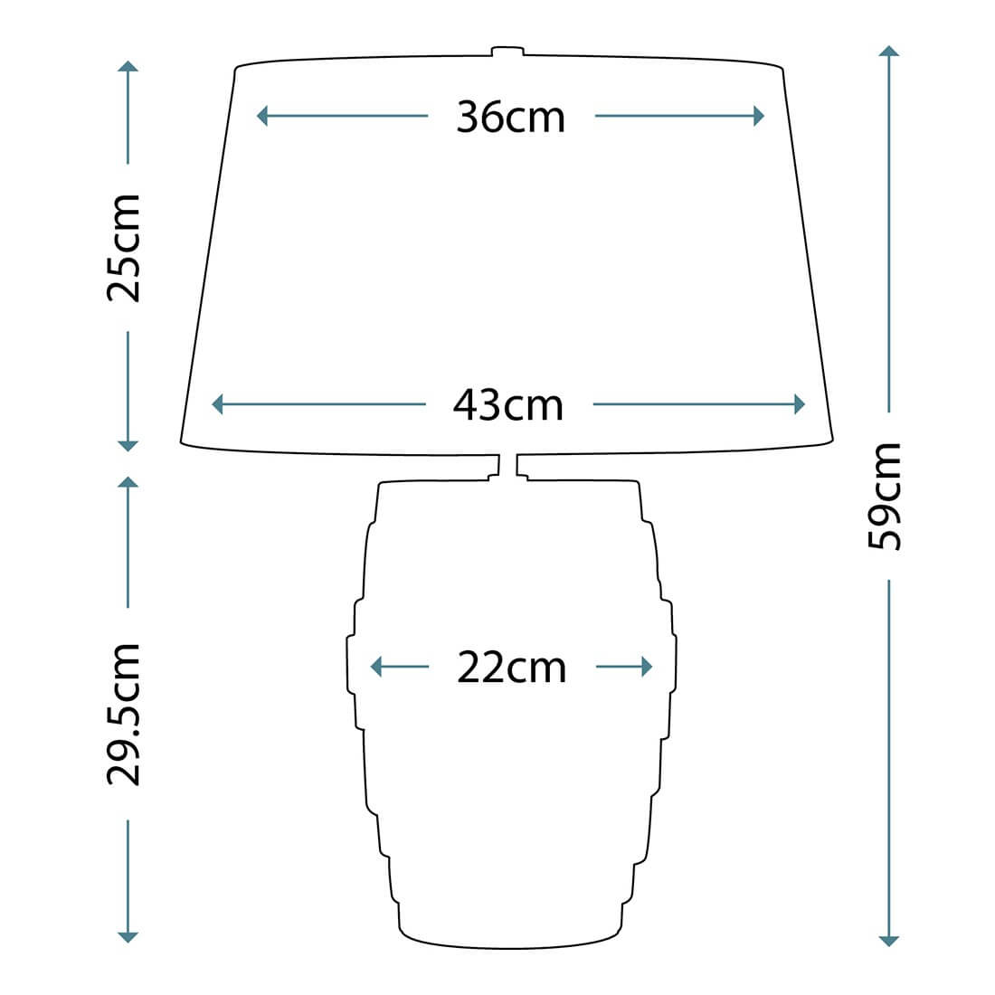 Schéma technique coté indiquant 59 cm de hauteur totale et 43 cm de diamètre