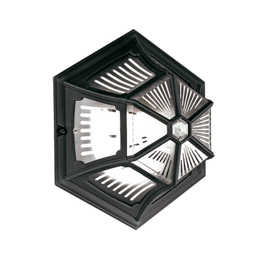 Vue de face inclinée du plafonnier hexagonal noir avec verre gravé.