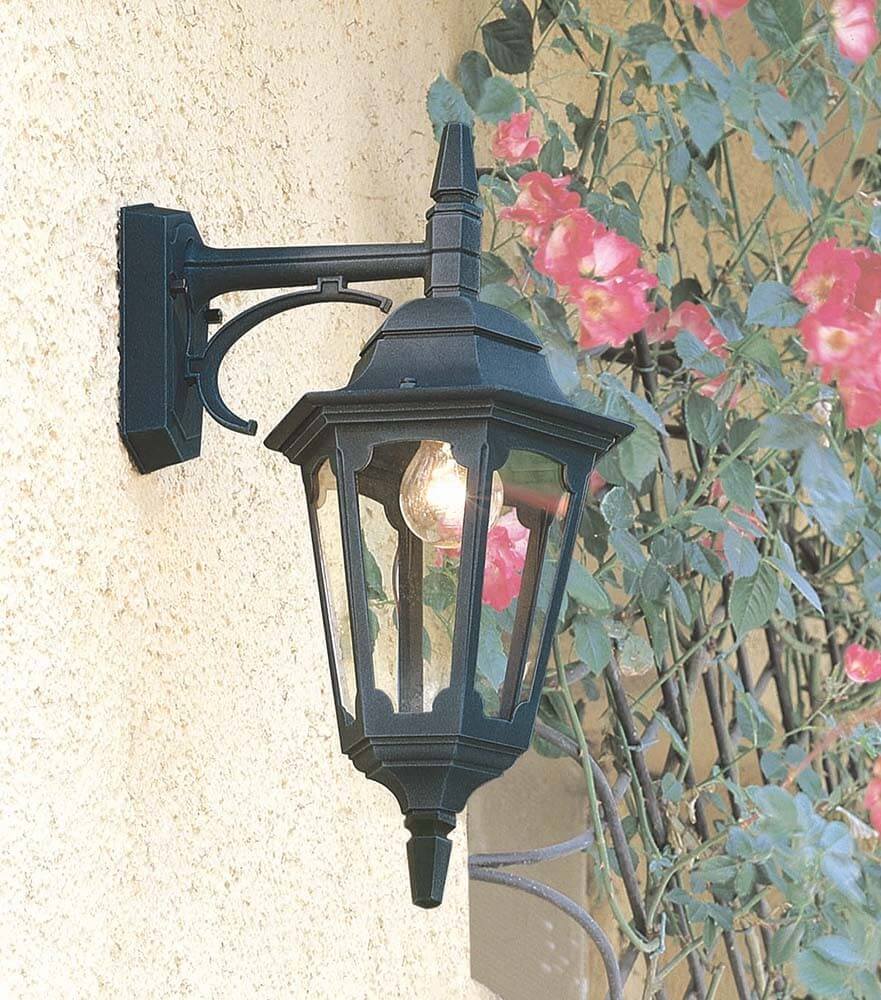 Applique noire allumée sur mur crème, rosier grimpant à fleurs roses