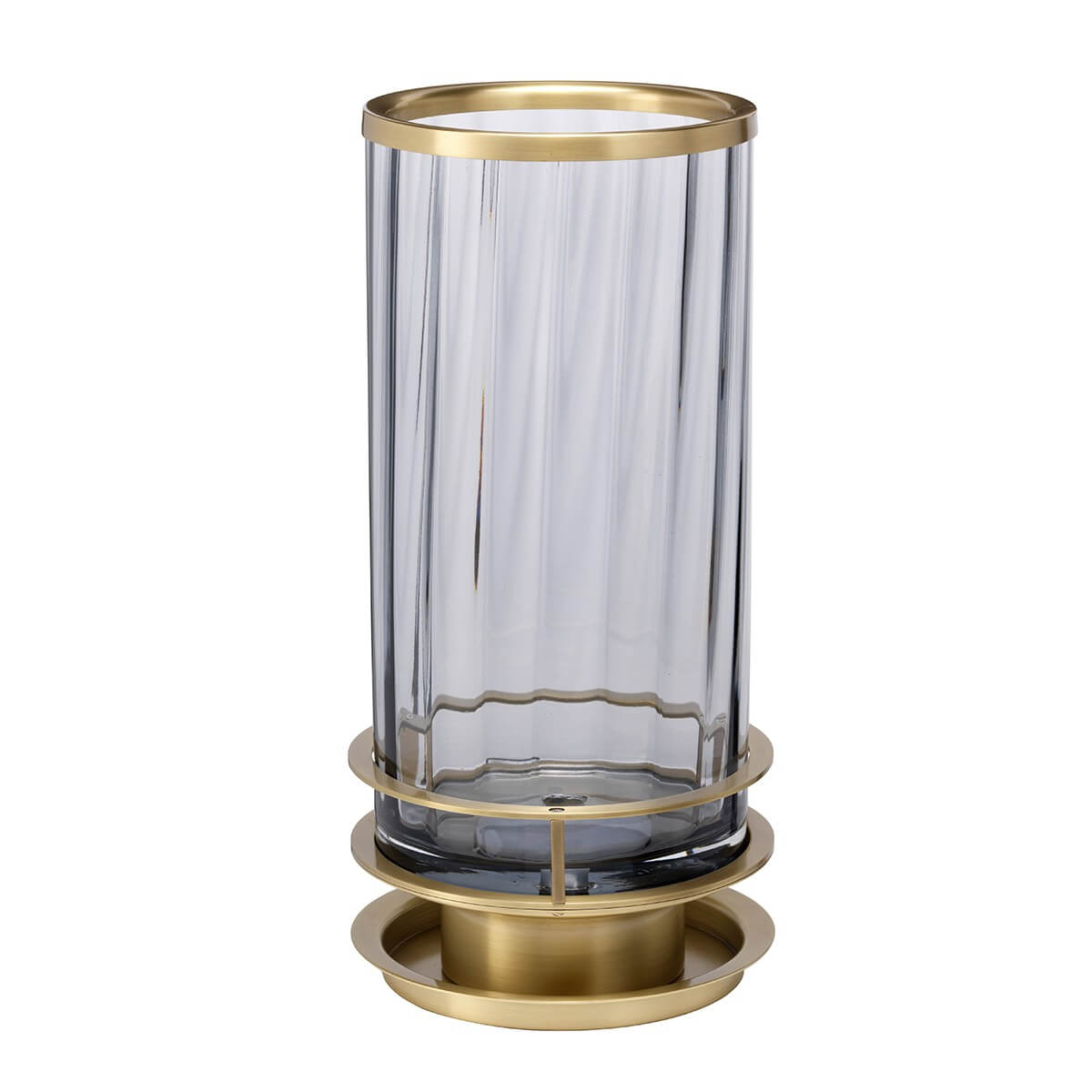 Second angle du luminaire éteint, verre fumé et socle rond en laiton