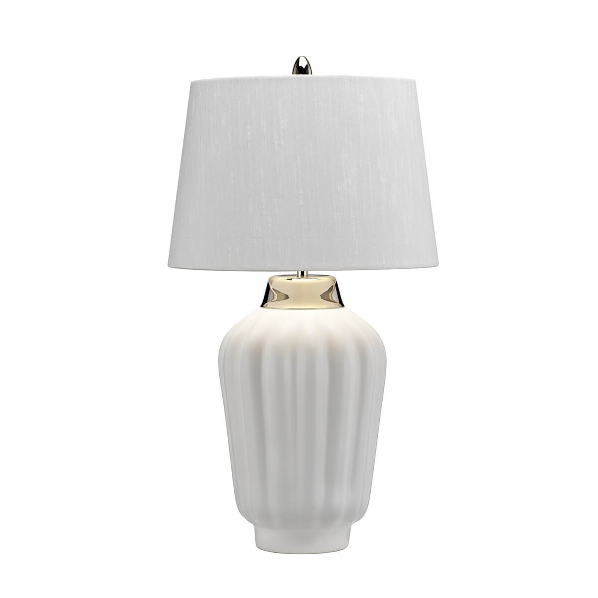 Même lampe blanche vue de face, col métallique brillant sous abat-jour textile