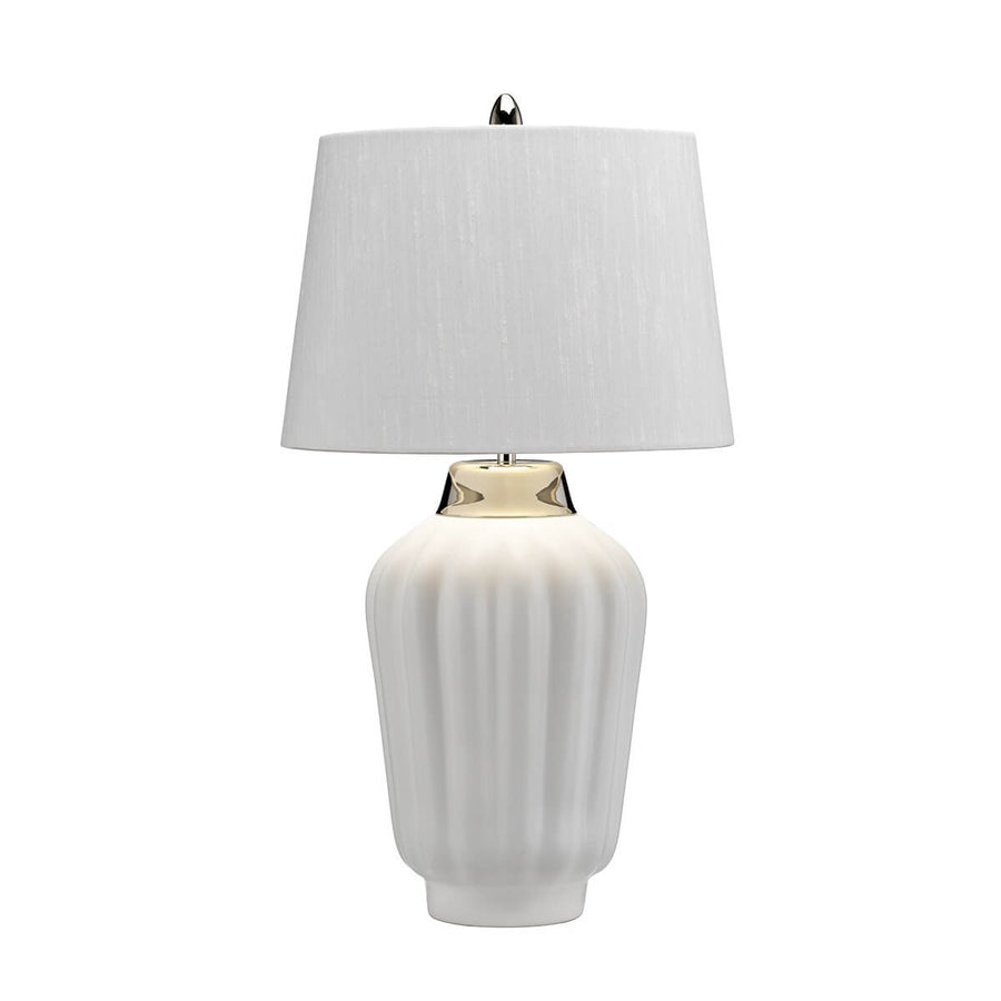 Même lampe blanche vue de face, col métallique brillant sous abat-jour textile