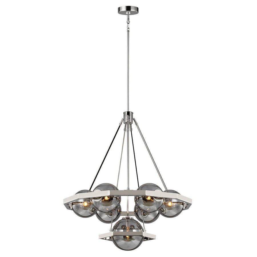 Lustre sept lumières en nickel poli suspendu, globes de verre fumé, vue de face