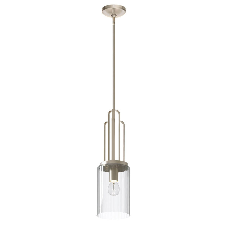Suspension complète sur fond blanc, verre cylindrique strié et structure métallique nickel poli.