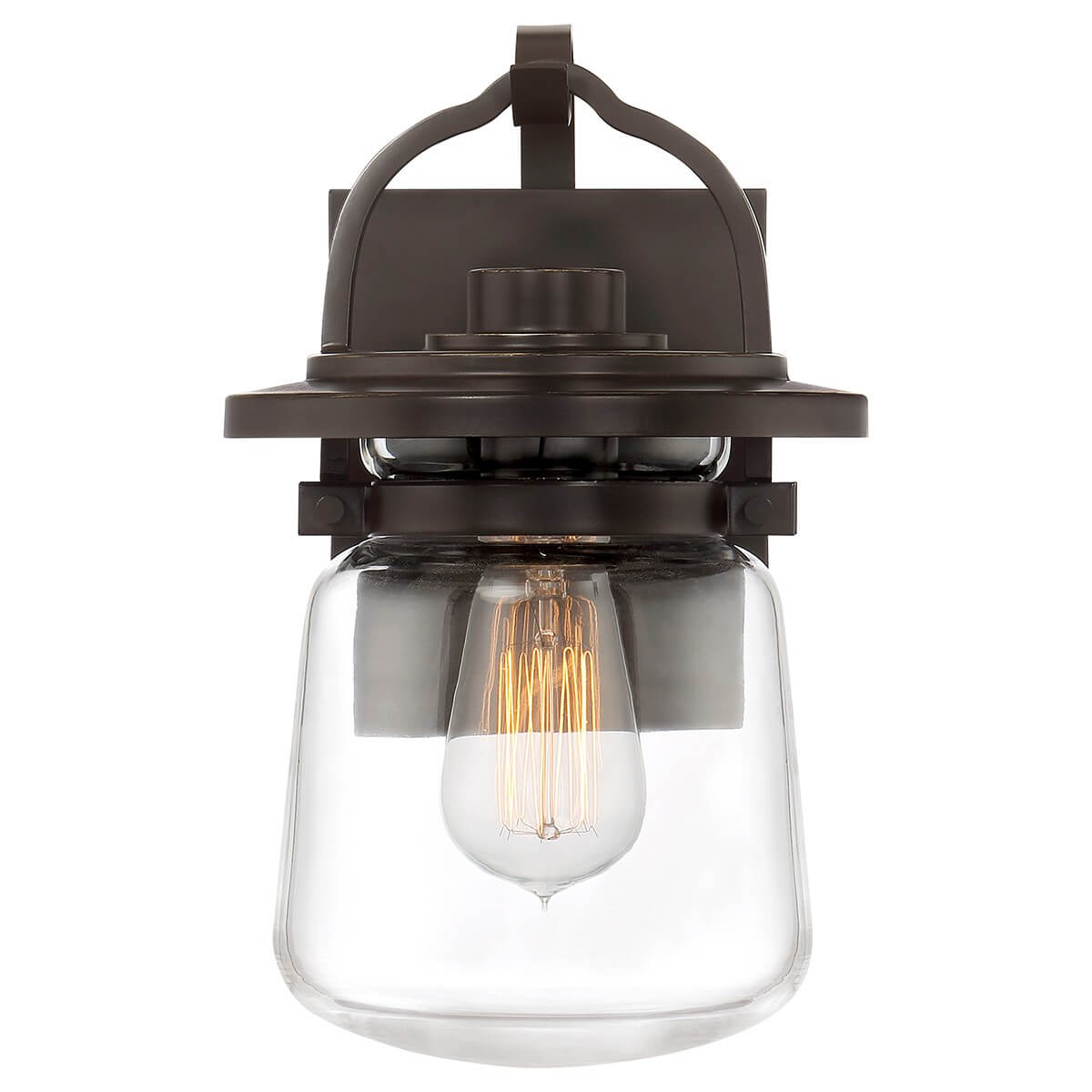 Vue de face du luminaire éclairé, ampoule filament allumée dans le verre