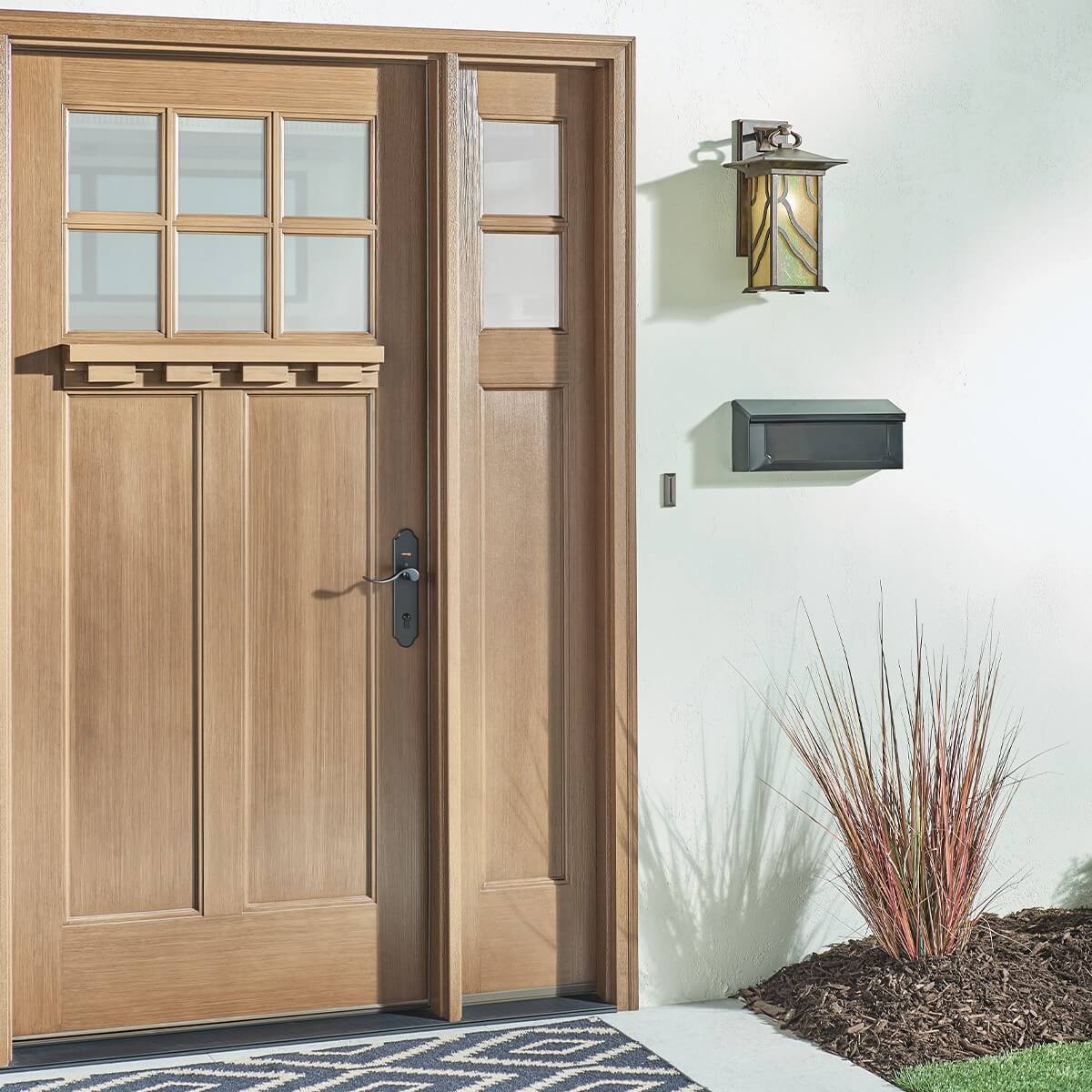 Mise en situation de jour près d'une porte d'entrée en bois avec boîte aux lettres.
