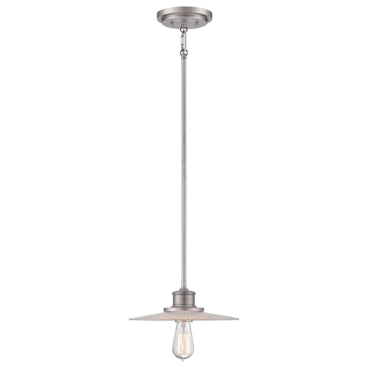 Vue d'ensemble du pendant nickel avec ampoule à filament apparente sous le verre