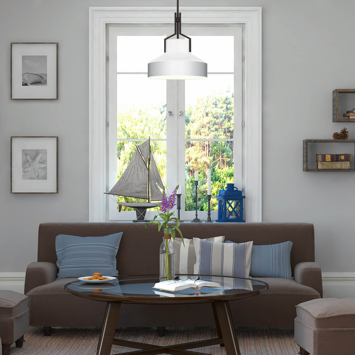 Mise en ambiance au-dessus d'une table basse devant une fenêtre lumineuse.