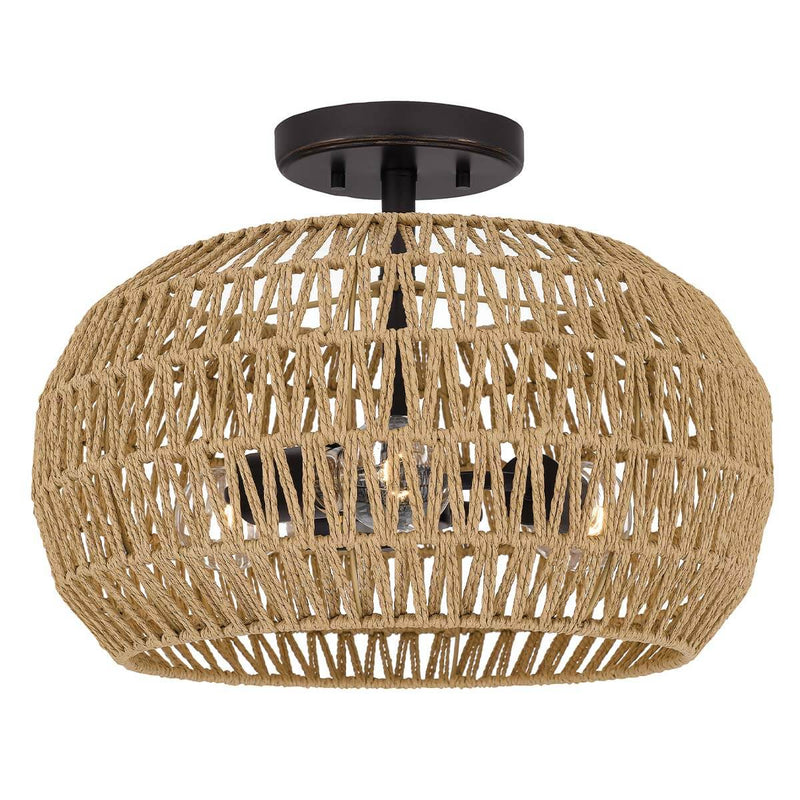 Plafonnier Casablanca 3 lumières bronze et bois, corde