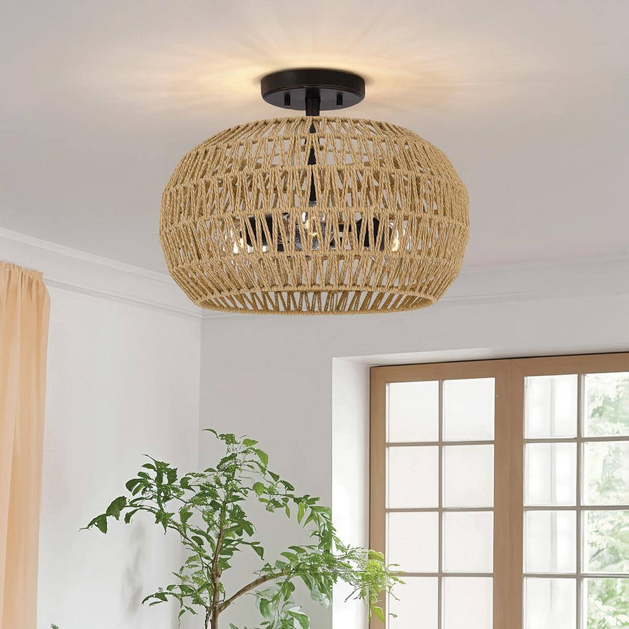 Plafonnier Casablanca 3 lumières bronze et bois, corde